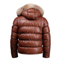 Fox Fur Trim Hood Leather Puffer Jacket with Zip Pockets
