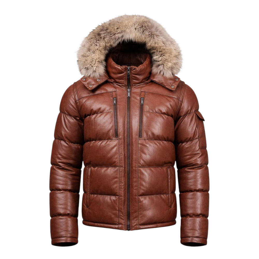Fox Fur Trim Hood Leather Puffer Jacket with Zip Pockets