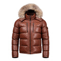 Fox Fur Trim Hood Leather Puffer Jacket with Zip Pockets