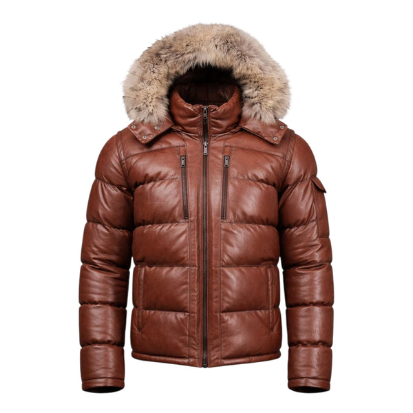 Fox Fur Trim Hood Leather Puffer Jacket with Zip Pockets