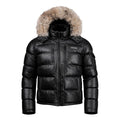 Fox Fur Trim Hood Leather Puffer Jacket with Zip Pockets