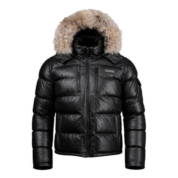 Fox Fur Trim Hood Leather Puffer Jacket with Zip Pockets