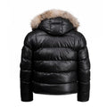 Fox Fur Trim Hood Leather Puffer Jacket with Zip Pockets