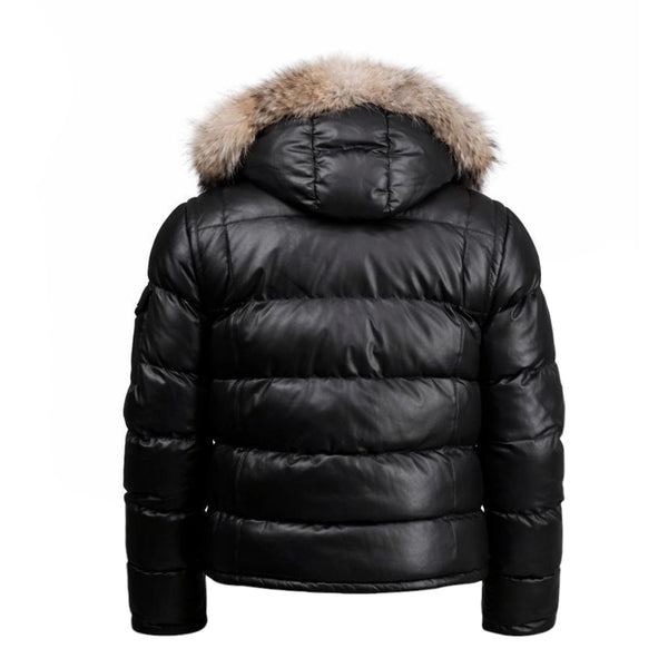 Fox Fur Trim Hood Leather Puffer Jacket with Zip Pockets