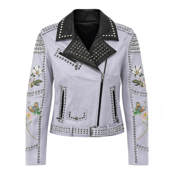 Studded Leather Jacket with Rhinestone Design