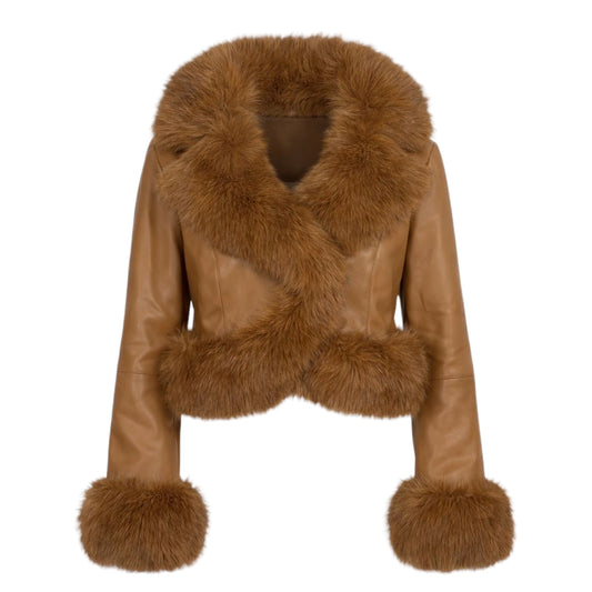 Waist Length Faux Leather Jacket with Faux Fur Outline