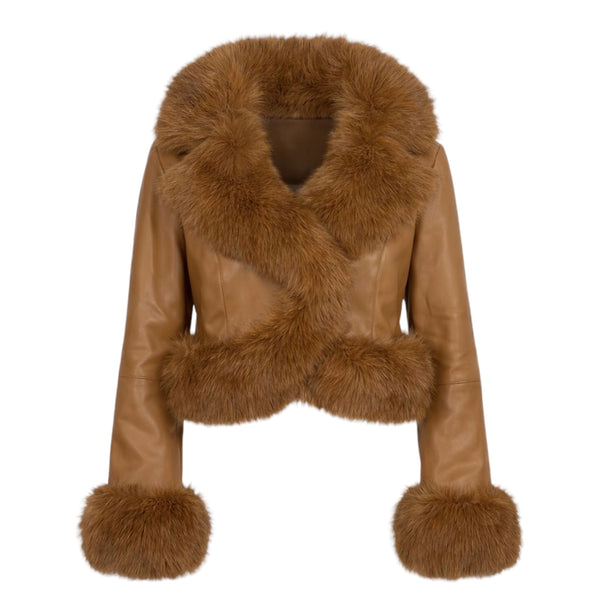 Waist Length Faux Leather Jacket with Faux Fur Outline