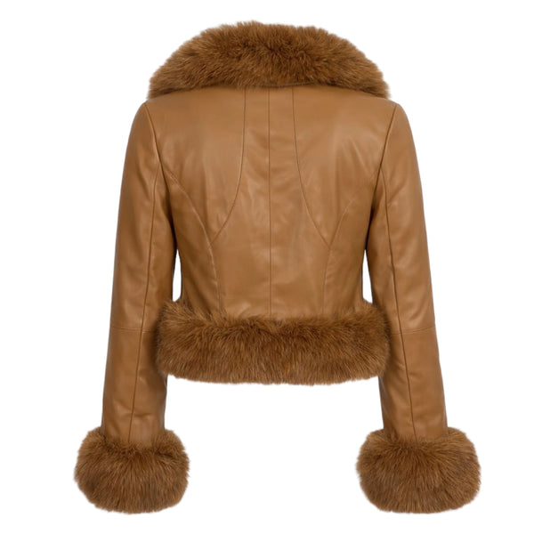 Waist Length Faux Leather Jacket with Faux Fur Outline