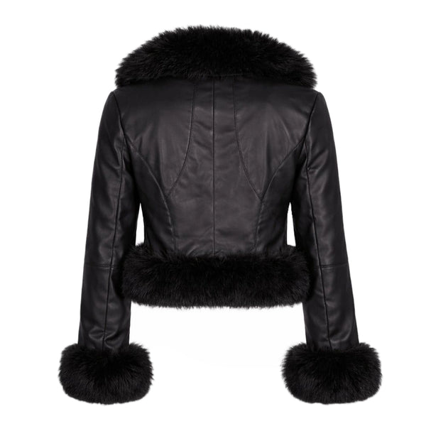 Waist Length Faux Leather Jacket with Faux Fur Outline