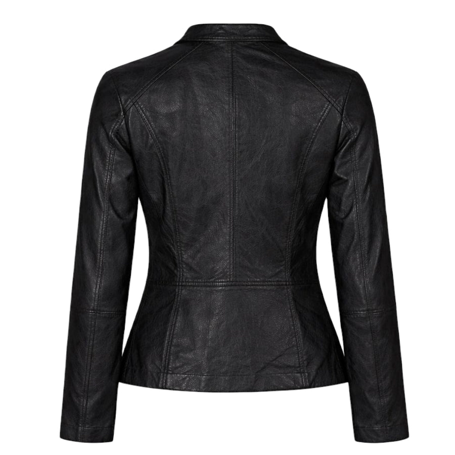 Black Collarless Leather with Chest Zippers