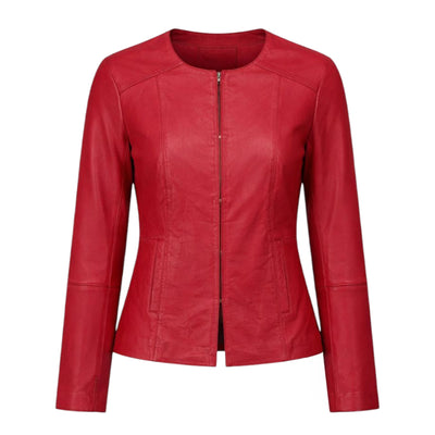 Red Leather Collarless Style