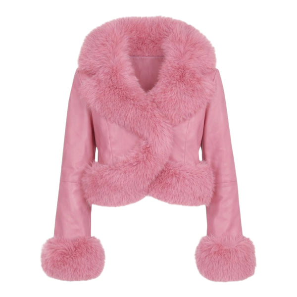 Waist Length Faux Leather Jacket with Faux Fur Outline