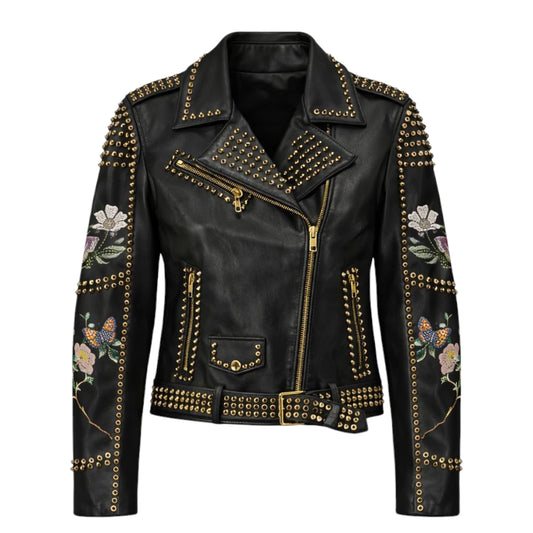 Studded Leather Jacket with Rhinestone Design