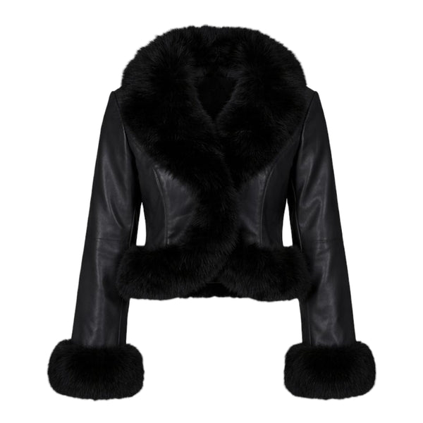 Waist Length Faux Leather Jacket with Faux Fur Outline