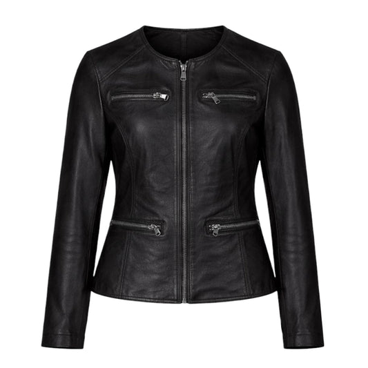 Black Collarless Leather with Chest Zippers
