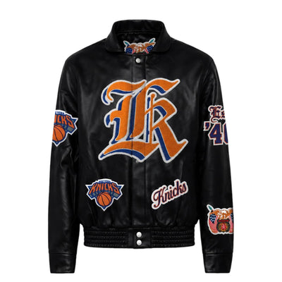 New York Knicks Old English Full Leather Jacket Black