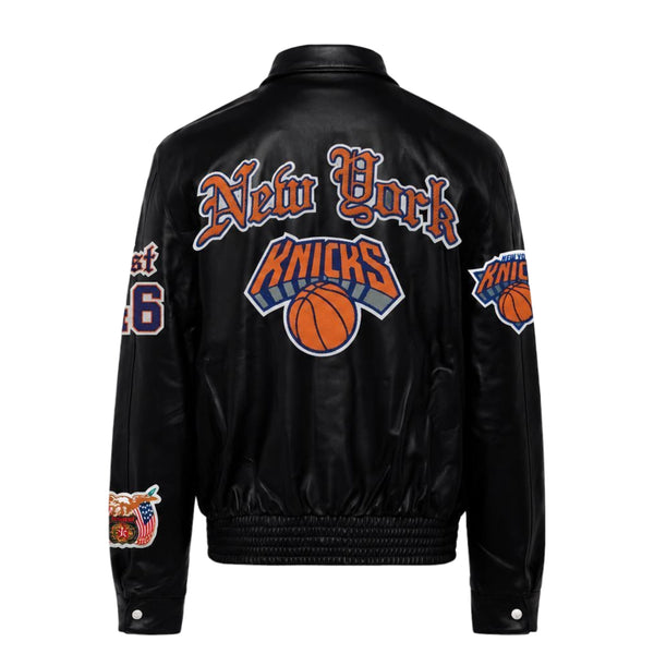 New York Knicks Old English Full Leather Jacket Black
