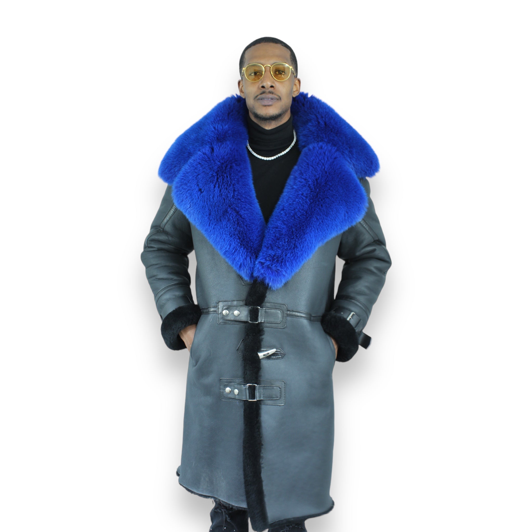P*号様 DEFORMATION COLLAR SHAGGY COAT S Shearling Coat with Blue Fox Collar – Daniel's Leather