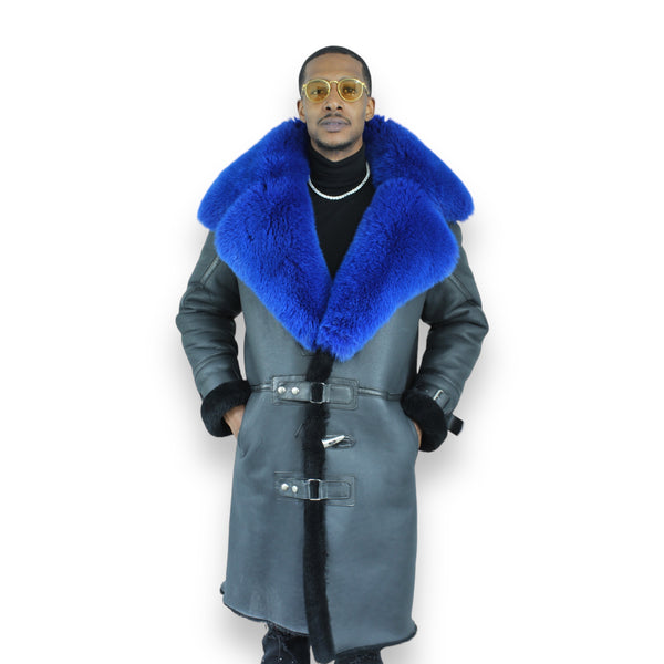 Shearling Coat with Blue Fox Collar