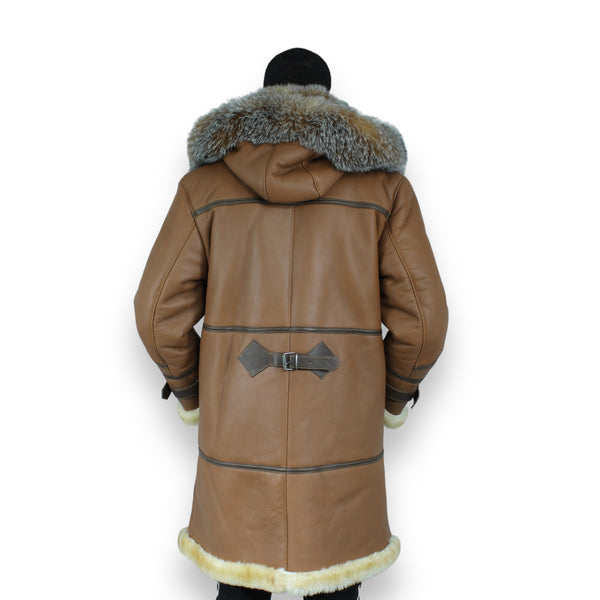 Brown Shearling with Crystal Fox Collar and Hood