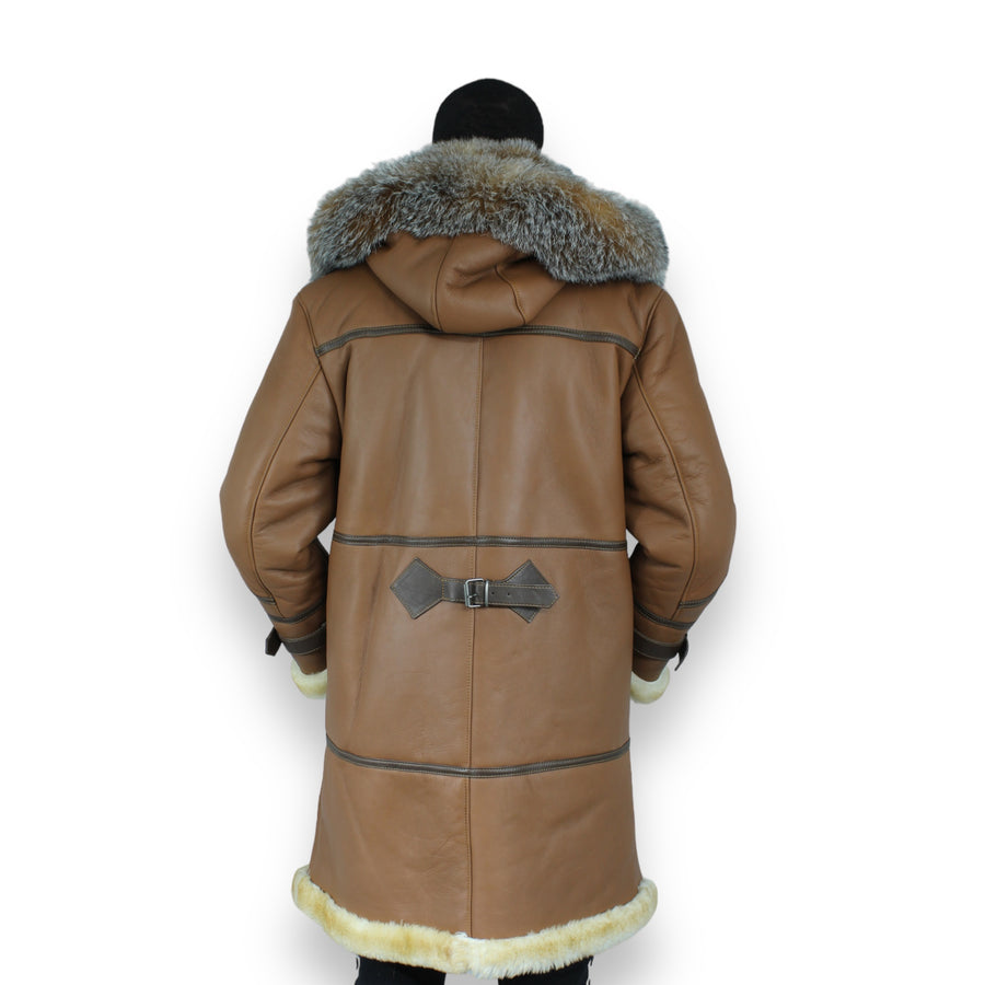 Brown Shearling with Crystal Fox Collar and Hood