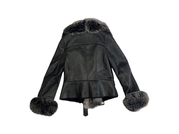Leather Shearling with Long Fox Collar and Cuffs