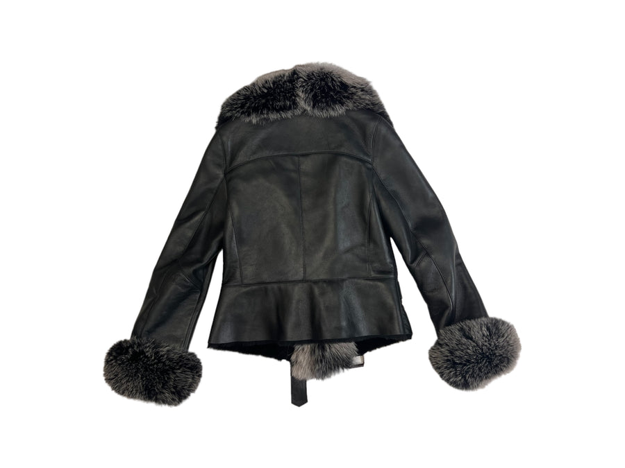Leather Shearling with Long Fox Collar and Cuffs