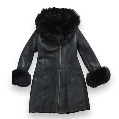 Black Shearling with Black Fox Hood and Cuffs