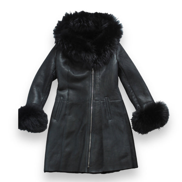 Black Shearling with Black Fox Hood and Cuffs