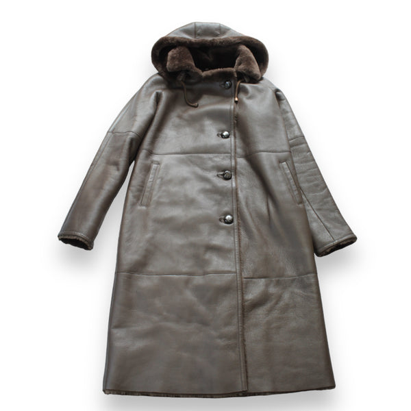 Brown Long Shearling Coat with Hood and Collar