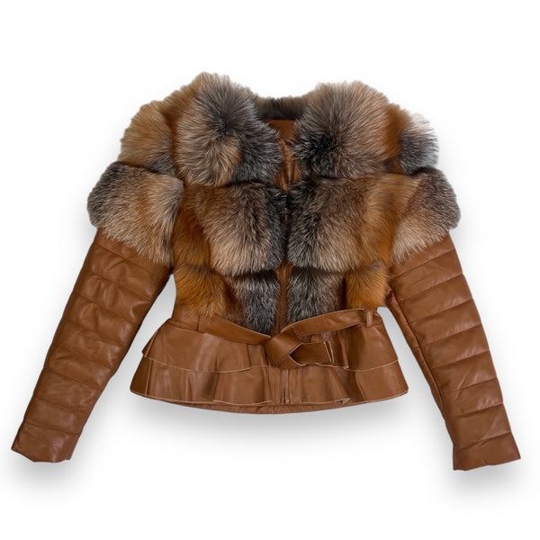 Cropped Leather Shearling with Crystal Fox Chest