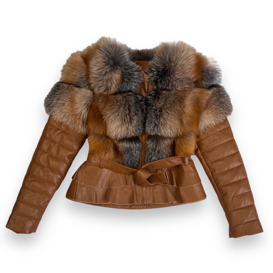 Cropped Leather Shearling with Crystal Fox Chest