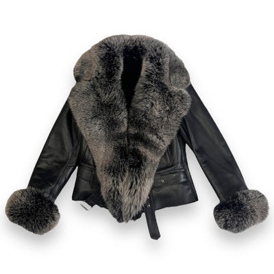Leather Shearling with Long Fox Collar and Cuffs
