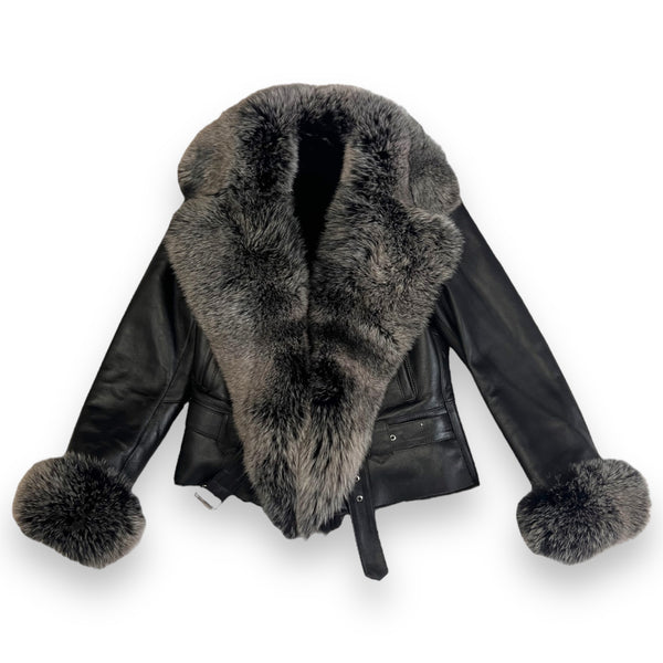 Leather Shearling with Long Fox Collar and Cuffs