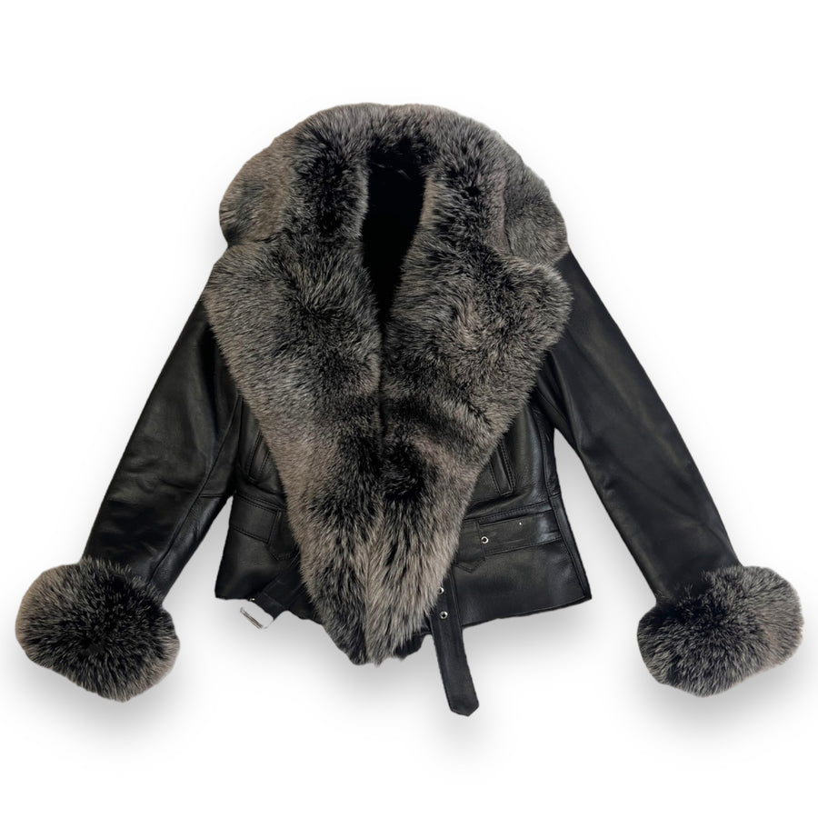 Leather Shearling with Long Fox Collar and Cuffs