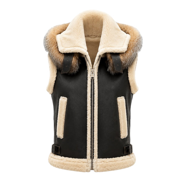 Ana Cropped Shearling Vest with Hood and Fox Collar