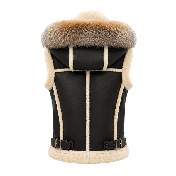 Ana Cropped Shearling Vest with Hood and Fox Collar