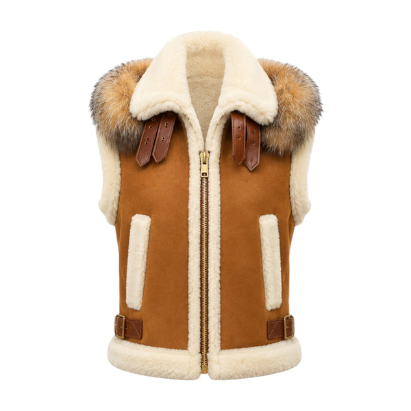Ana Cropped Shearling Vest with Hood and Fox Collar