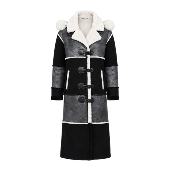 Black and Grey Shearling with White Fox Hood