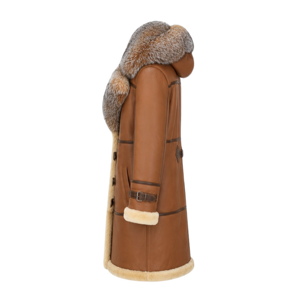 Brown Shearling with Crystal Fox Collar and Hood