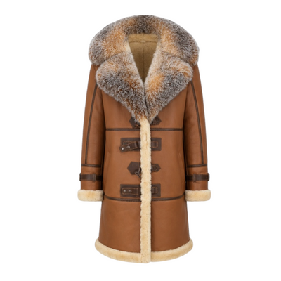 Brown Shearling with Crystal Fox Collar and Hood