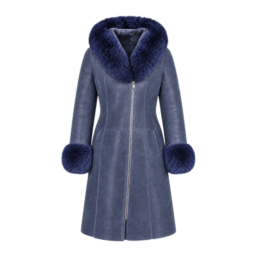 Shearling with Blue Fox Hood and Cuffs