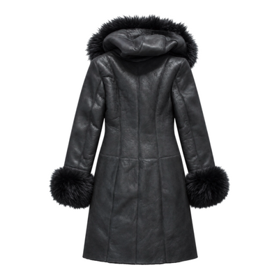 Black Shearling with Black Fox Hood and Cuffs