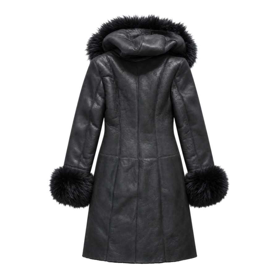 Black Shearling with Black Fox Hood and Cuffs