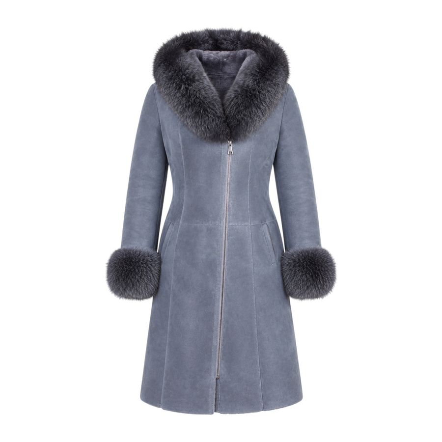 Shearling with Grey Fox Hood and Cuffs