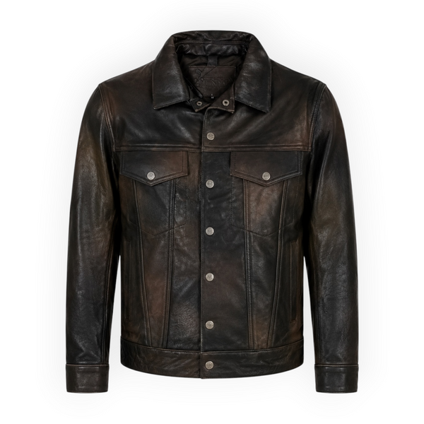 Cow Leather Trucker Jean Jacket