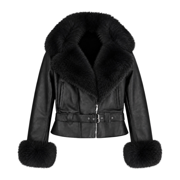 Cropped Leather Shearling with Fox Collar and Cuffs