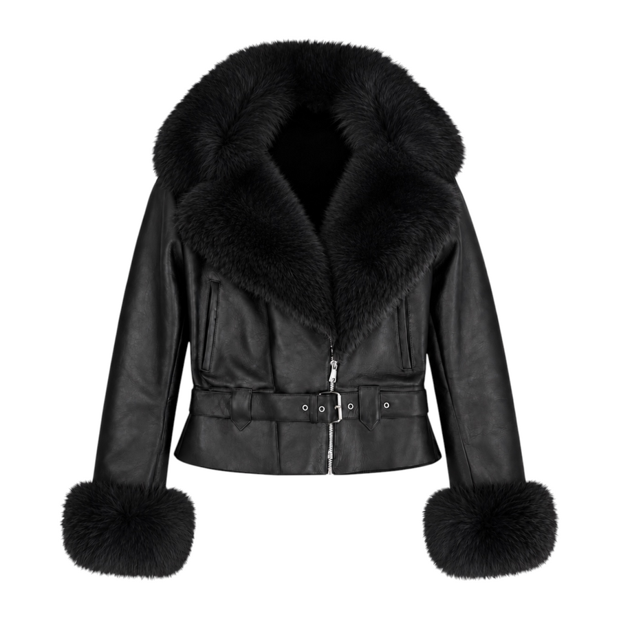 Cropped Leather Shearling with Fox Collar and Cuffs