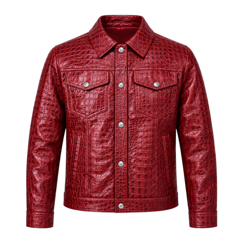 Croc-Embossed Leather Trucker Jacket
