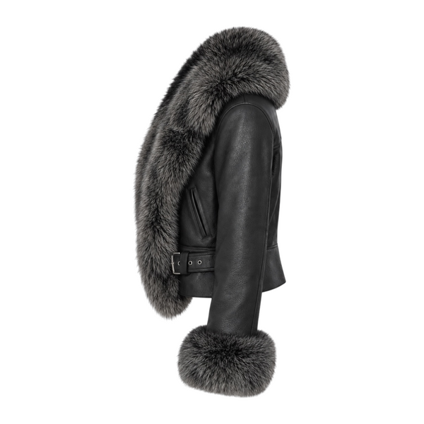 Leather Shearling with Long Fox Collar and Cuffs